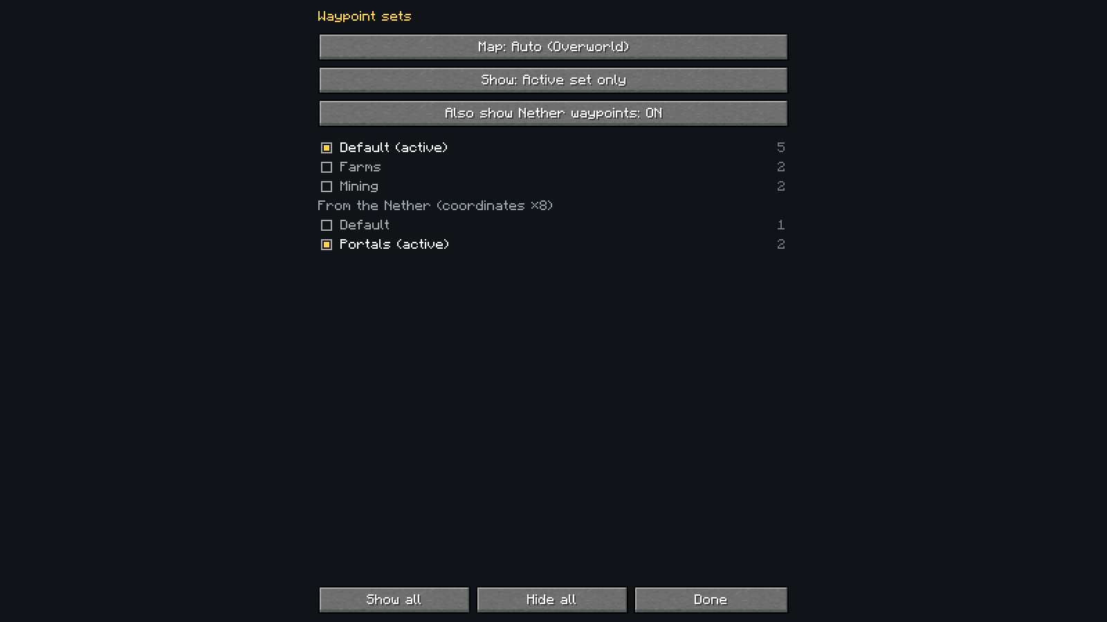 The waypoint sets screen